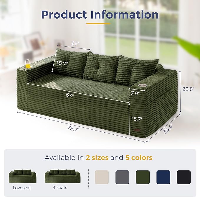 MAXYOYO 79" Oversized Boneless Loveseat Sofa Couch for Small Spaces, Mini Love Seat Floor Couch with Cup Holders and Pillows, 3-Seater Upholstered Cloud Couch for Bedroom, No Assembly Required