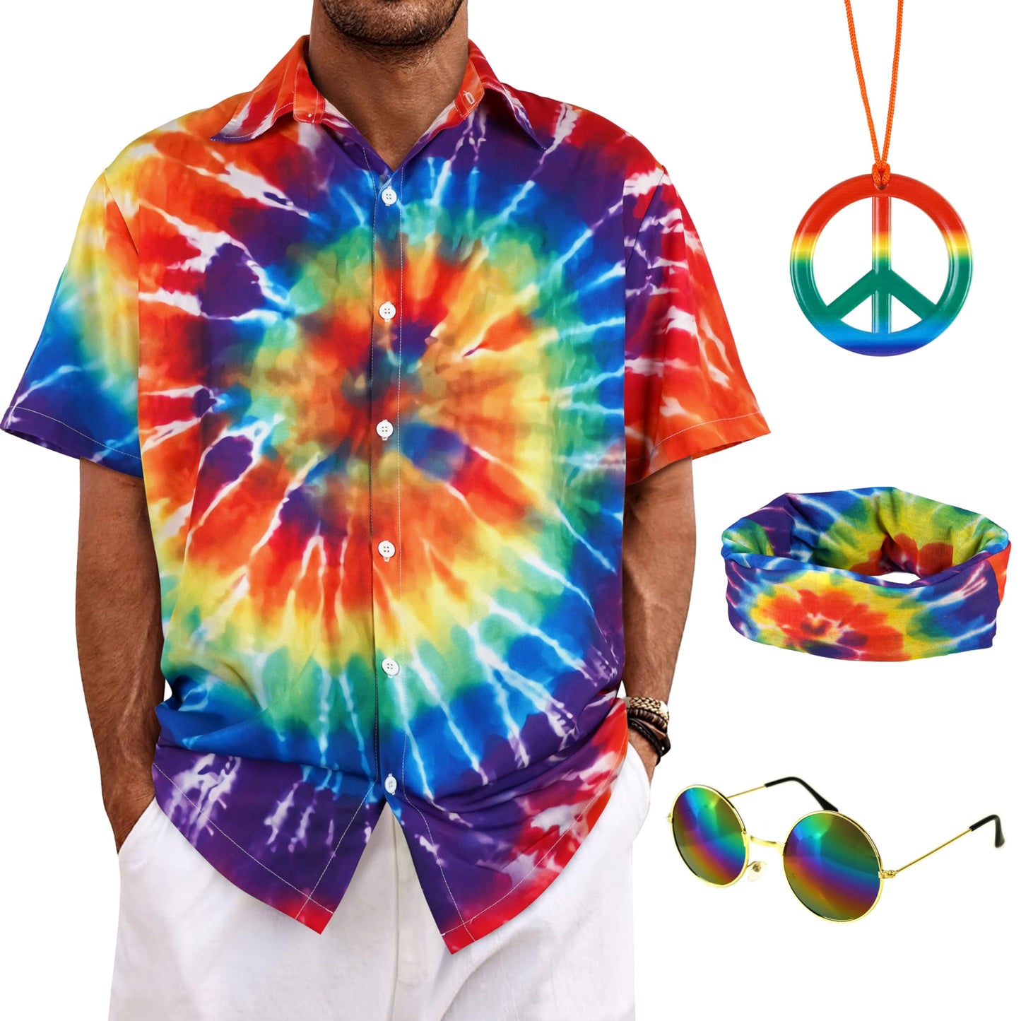 Bombline 4 Pieces Hippie Costume Set,Tie Dye Button Down Shirt Men,Tie Dye Sunglasses Headband,Peace Sign Necklace,70s 80s 90s Outfits for Men, Large