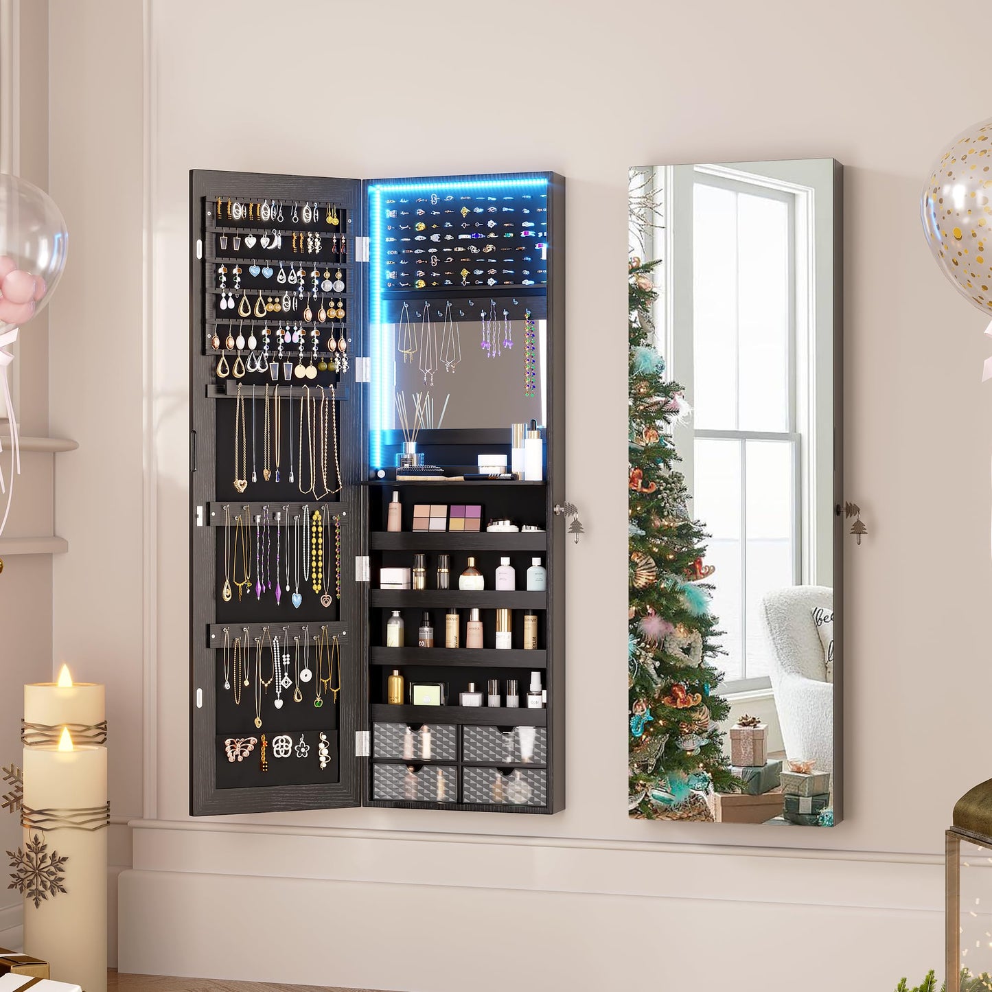 Vlsrka 47.2" LED Jewelry Armoire Organizer, Wall/Door Mounted with Full Length Mirror, Large Storage Hanging Cabinet, 4 Drawers, 5 Shelves, Built-in Lighted Mirror (Wood Black)