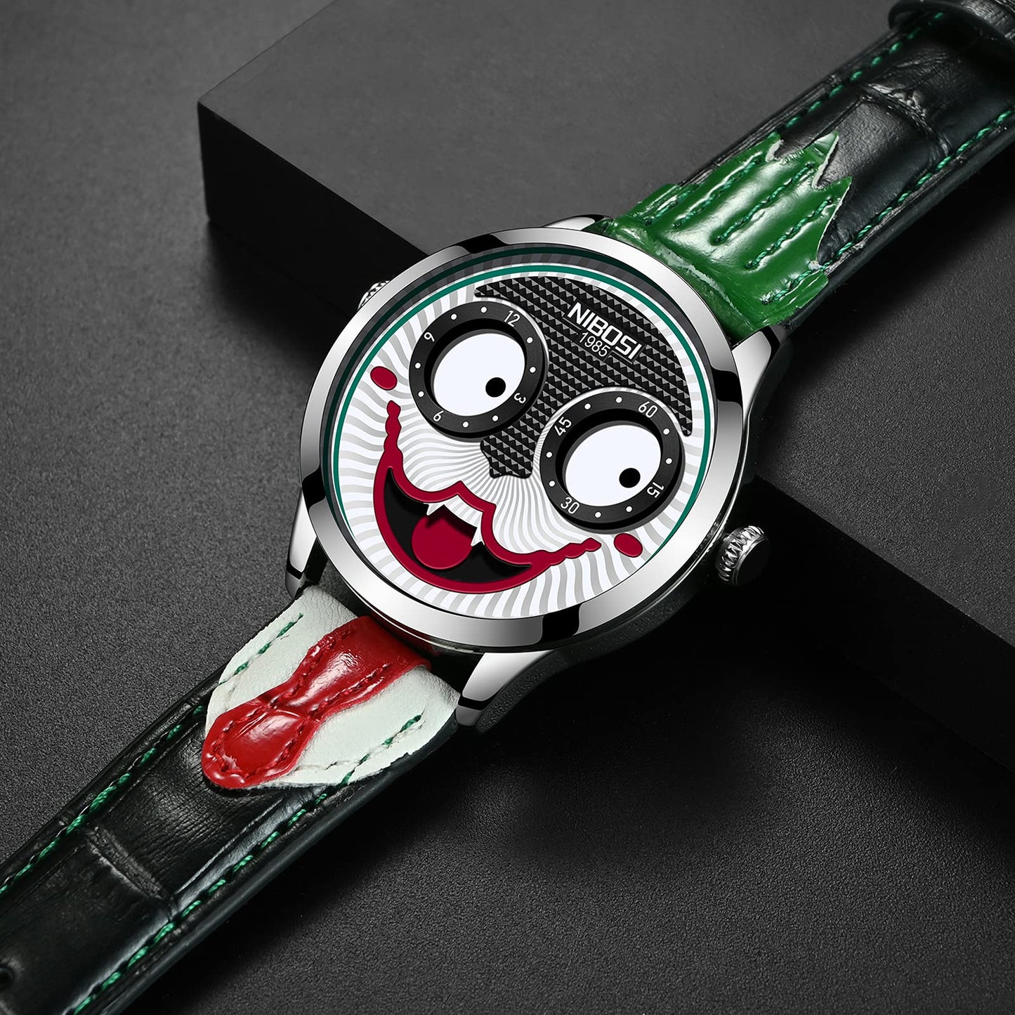 NIBOSI Watches for Men Analog Quartz Clown Dial Unique Weird Fashion Cool Wrist Watch Waterproof Green Leather Strap Men's Watches