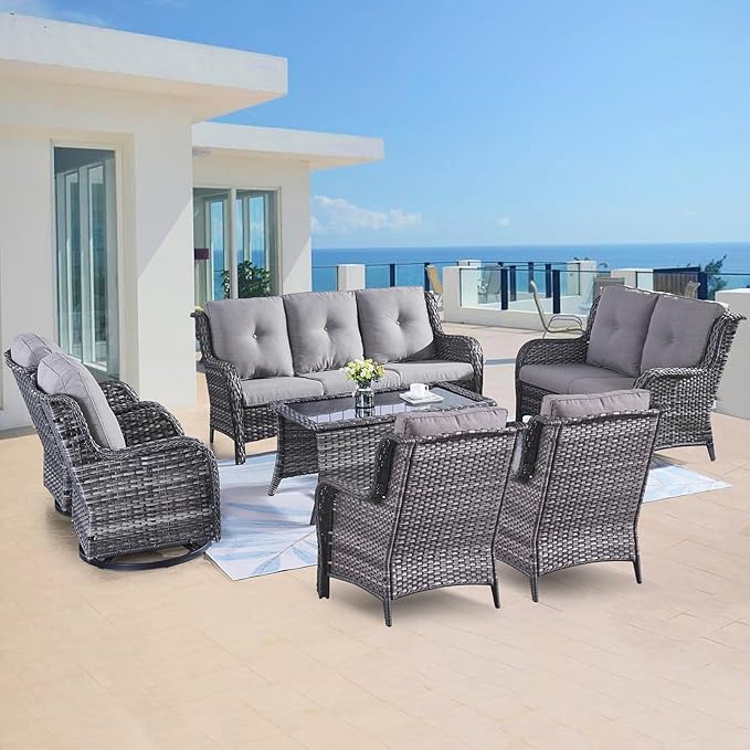 Belord Outdoor Wicker Furniture Patio Set - 7 Piece Backyard Furniture Grey Rattan Conversation Sets with Swivel Rocker Chairs, Rattan Sofa, Club Chairs and Coffee Table, Grey Cushion