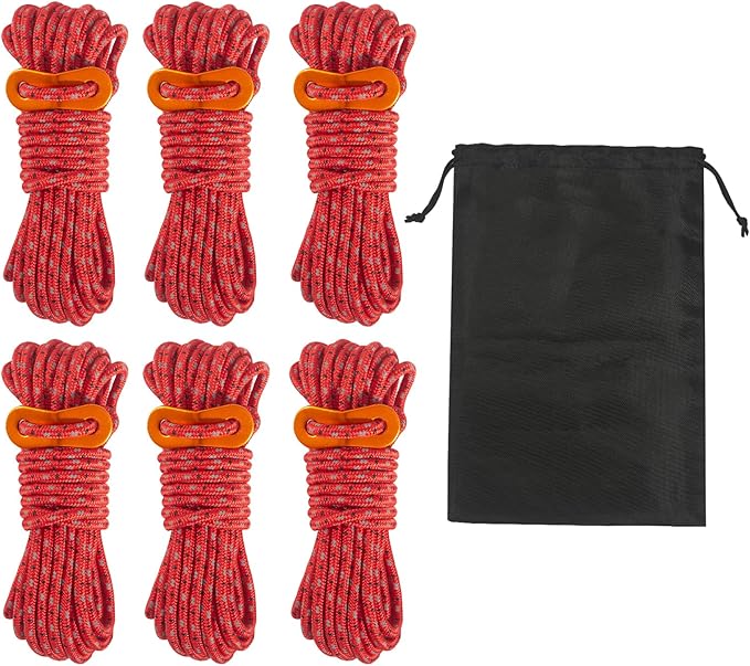 Smithok 16.4ft 6 Pack 4mm Guy Lines Ultralight Tent Cords with Aluminum Adjuster Tensioner Outdoor Camping Guylines Ropes ...