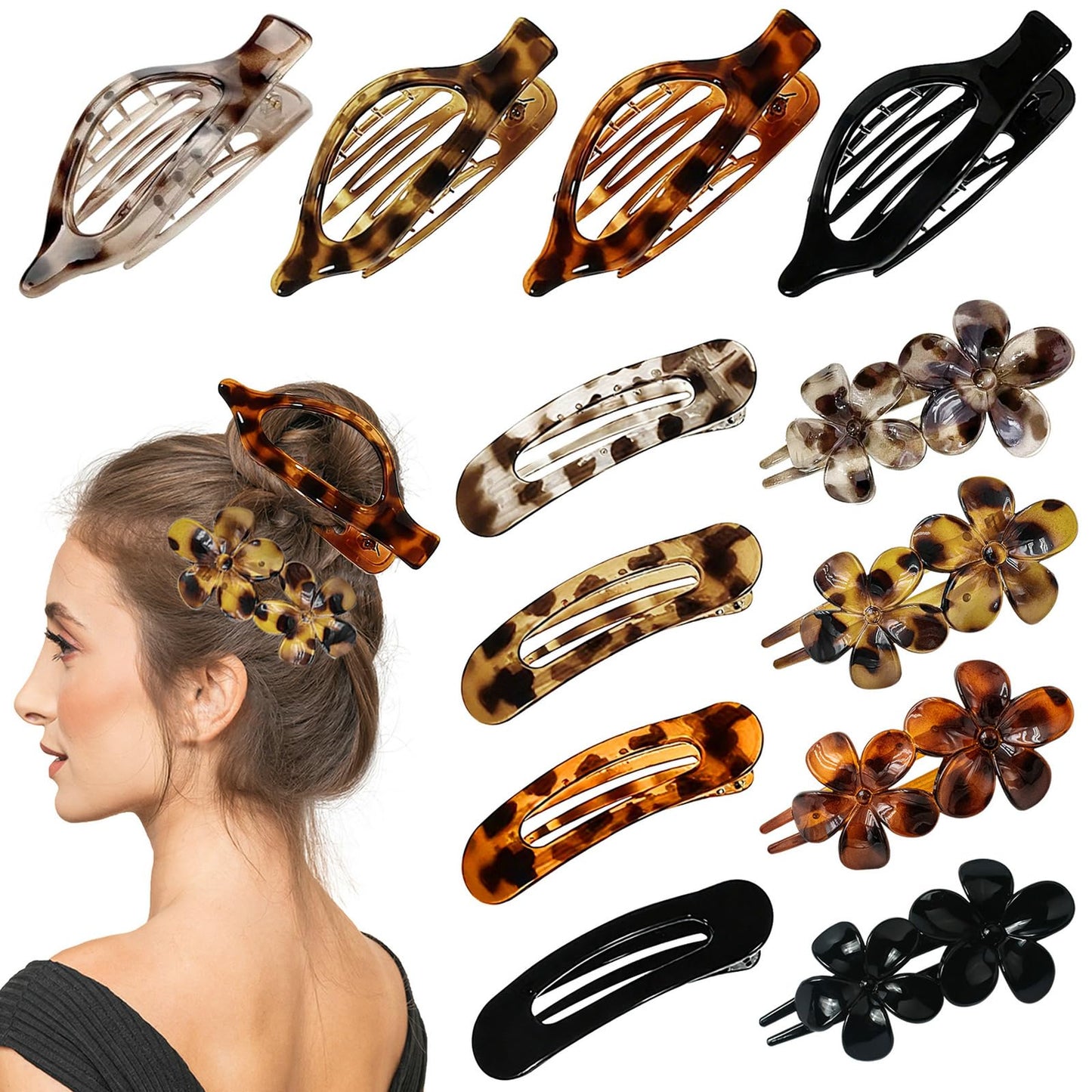 12 Pcs Tortoiseshell Flat Hair Clips, YINGFENG Flat Claw Clip for Women, Bright Non-Slip Flower Claw Clips for Thin Thick Hair,