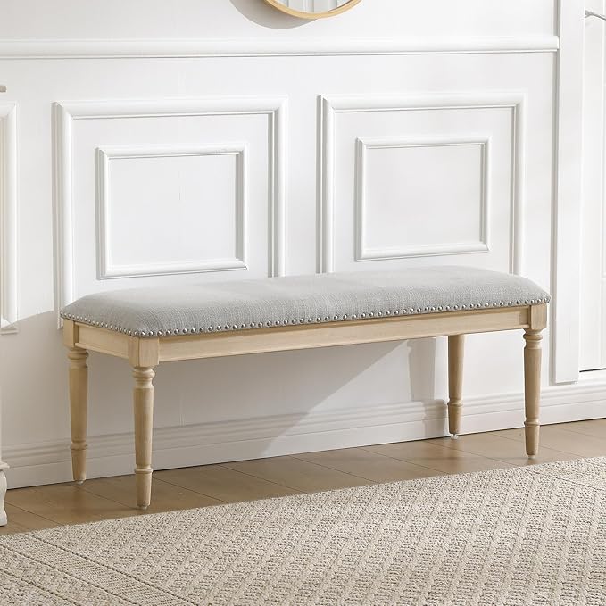 chairus Farmhouse Dining Bench 46" Wooden Entryway Bench with Padded Seat and Nailhead Trim for Kitchen Bedroom,Indoor and Hallway, Grey Linen
