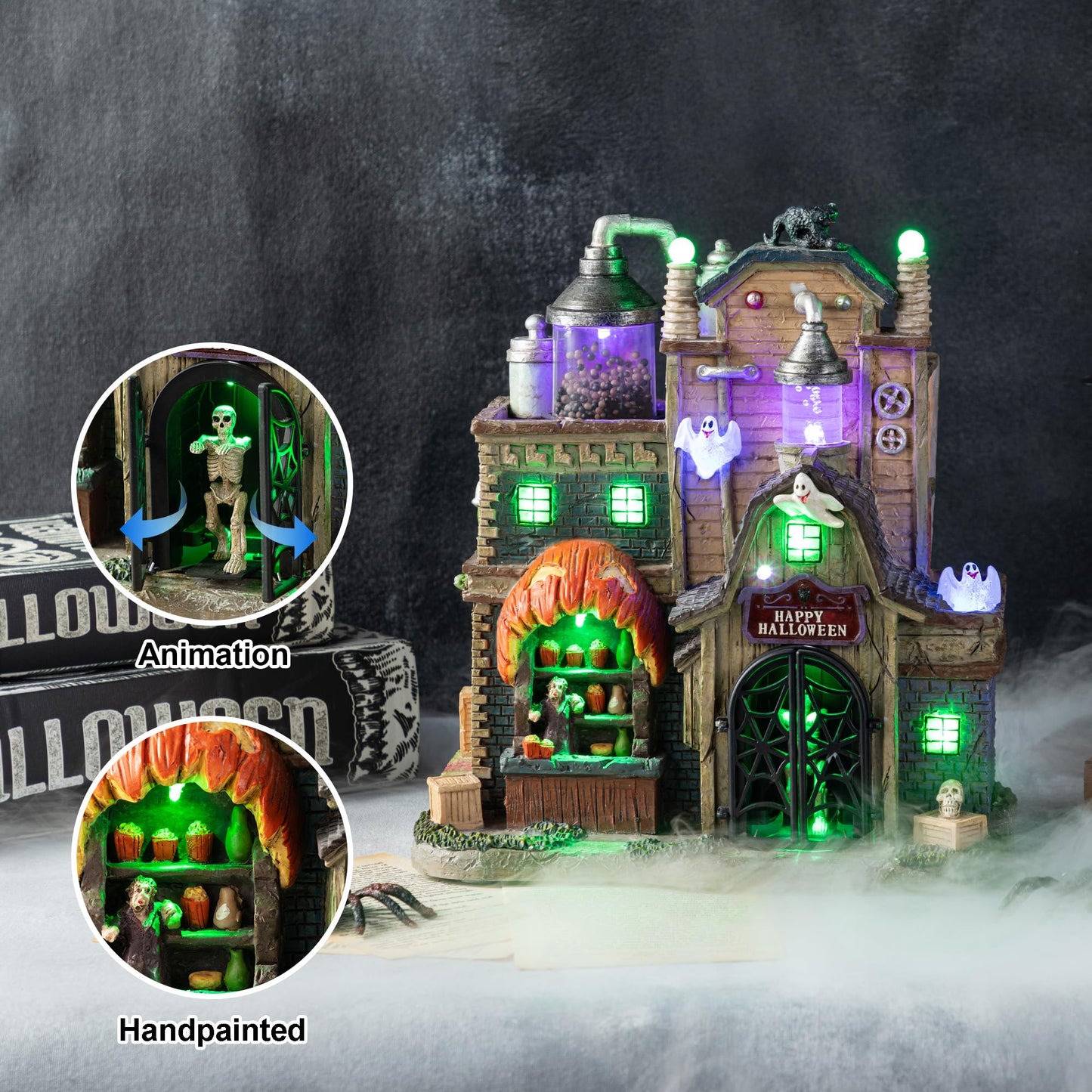 Glitzhome Halloween Decorations, 11" H Lighted Halloween Village Houses Decor with LED Lights, Resin Haunted Spooky Town for Home Party Table Desk Mantel Ornaments