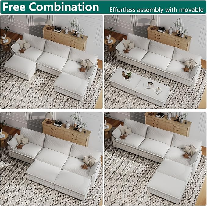 OhaiAura Modular Sectional U Shaped Sofa Couches with Storage Ottoman, Cloud Couch for Living Room, Comfy Sofa with Pillow, White