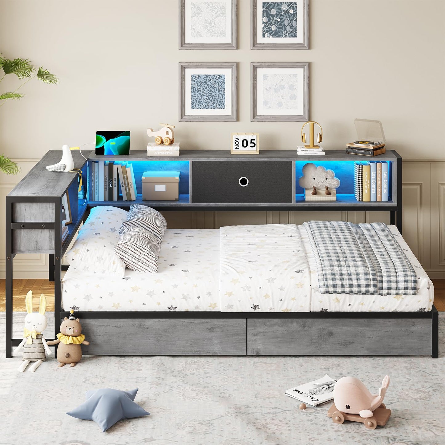DICTAC Twin XL Corner Bed Frame with Bookcase Storage and Led Lights Metal Platform Bed Frame with Storage Drawers & Charging Station Twin XL Daybed for Living Room,Bedroom and Guest Room,Oak Gray