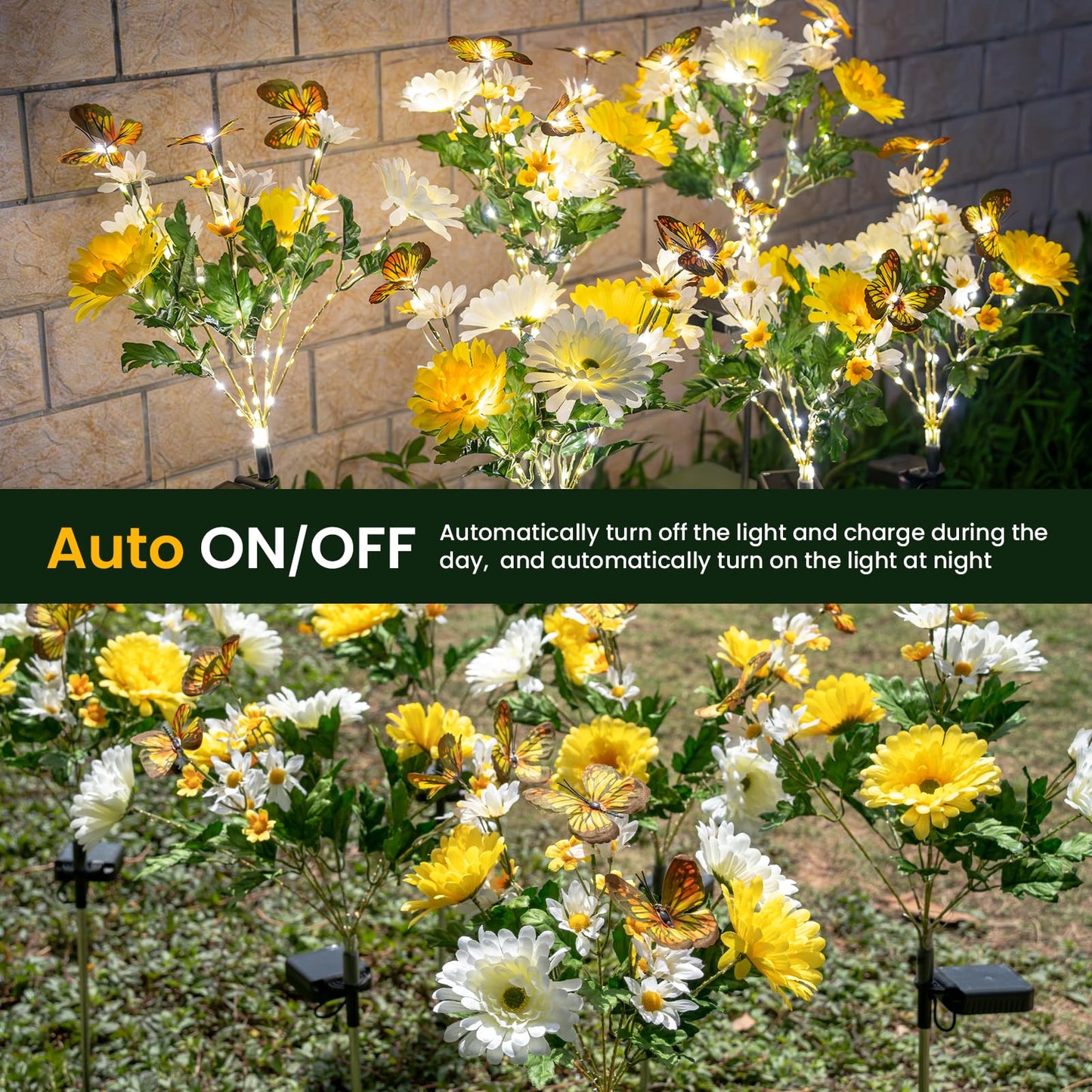 TopVelo Solar Garden Light 4 Packs, 120 LEDs Outdoor Solar Lighting with Daisy and Butterfly, Waterproof Outdoor Garden Light for Patio, Courtyard, Pathway Decoration (Yellow)