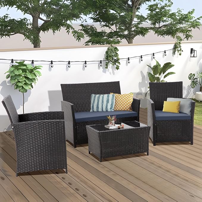 FHFO 4 Piece Outdoor Patio Furniture Sets, Outdoor Sectional Furniture Wicker Conversation Sofa Set for Outside Balcony Porch Backyard (Black-Blue)