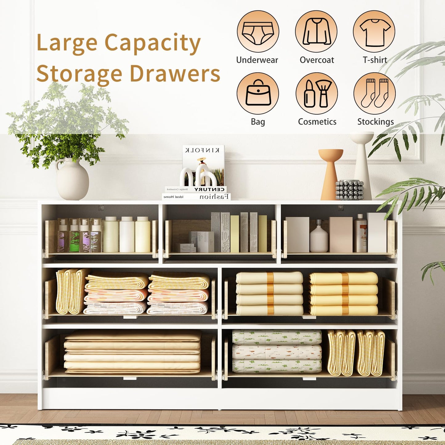 Sscaktu 7 Drawers Dresser for Bedroom,55" Wide Fluted Dresser with Deep Drawers, Modern Chest of Drawers, Wood TV Stand Storage Organizer for Closet, Living Room, Hallway, White