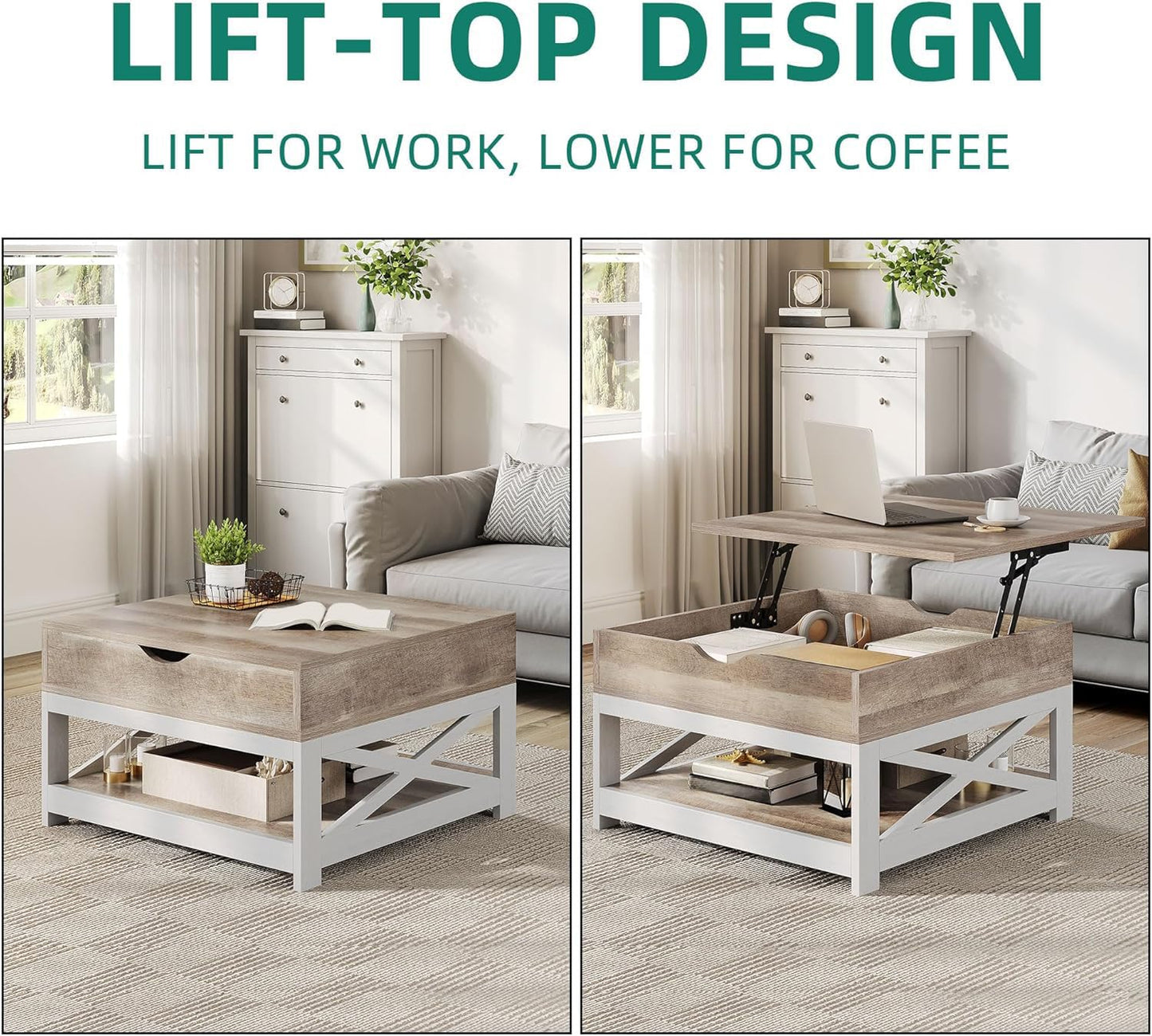 YITAHOME Coffee Tables with Living Room, Lift Top Coffee Table with Storage, Farmhouse Coffee Table, Square Wood Center Table Cocktail Table, Grey Wash
