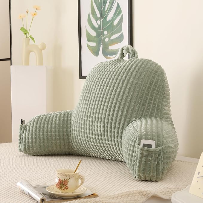 PAJEO Reading Pillow for Sitting in Bed, Large Backrest Reading Pillow with Arm Rest,Back-Rest Support Cushion for Sit Up on Couch, Sofa, and Floor, Dorm Essentials (Green Flannel, Standard(17inch))