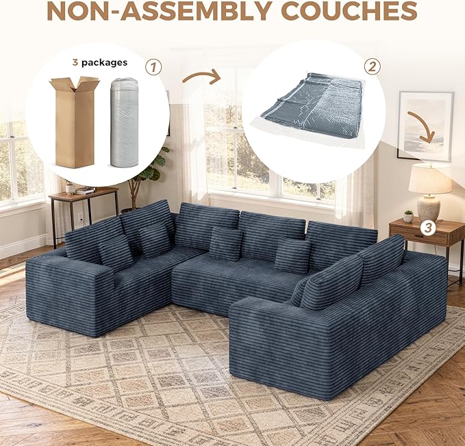 136'' Large Sectional Cloud Couches with Chaise, U Shaped Boneless Loveseat Sofa, No Assembly Required Deep Seat Modular Lounge for Living Room 3PCS Set, Bedroom(Grey)