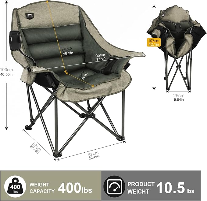 LANMOUNTAIN Oversized XL Folding Camping Chair,Heavy Duty Support 400Lbs,Large Comfy Padded Camp Chair for Adults,Lawn Arm Chair w/Cup Holder,Phone Holder,Carry Bag Perfect for Outdoor (Brown