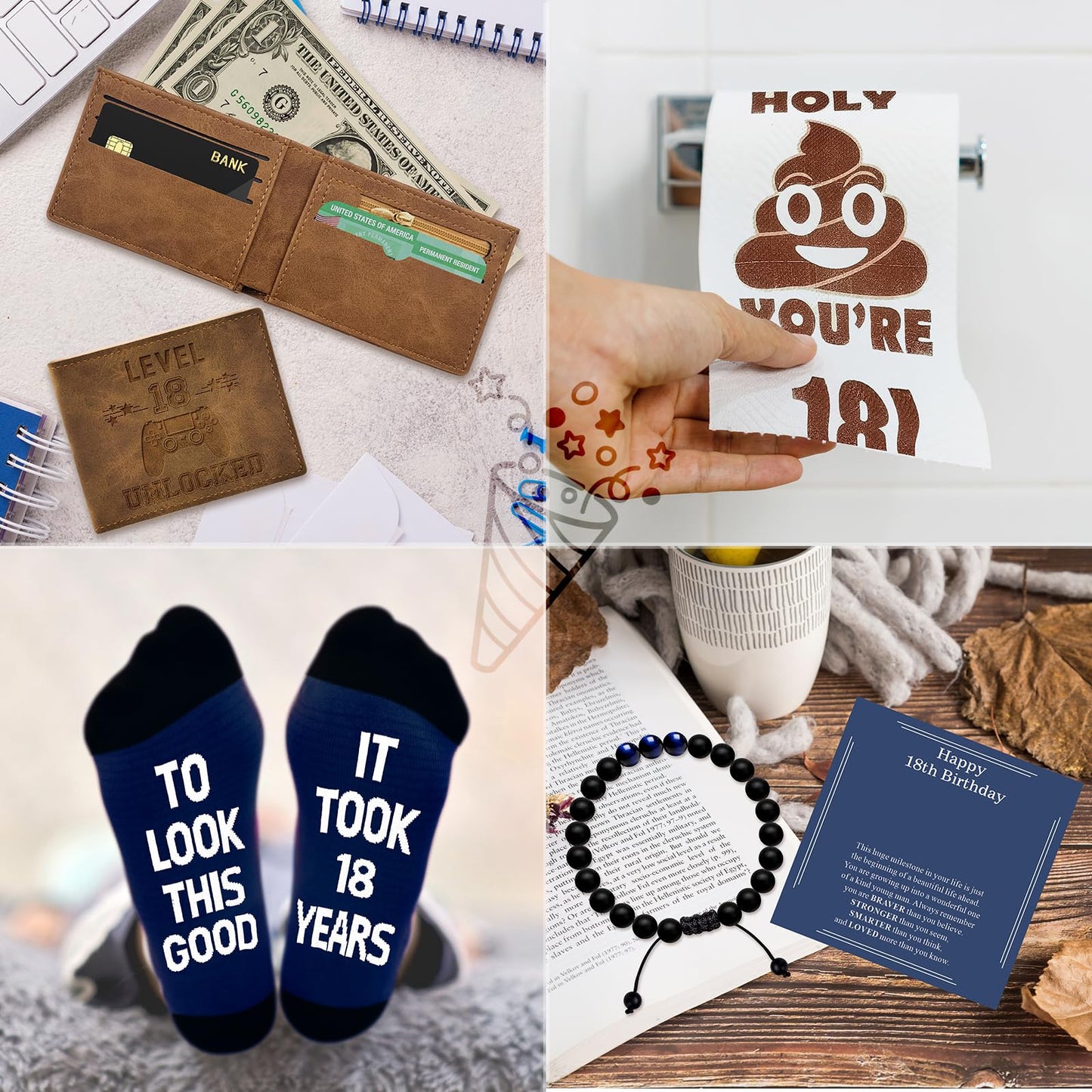 8 Pcs Happy 18th Birthday Gifts for Boys, 18 Year Old Boy Birthday Gifts Ideas with 20 Oz Tumbler, Funny Socks, Toilet Paper, Bracelet, Teen Boys Wallet, Keychain for Son, Nephew, Grandson, Brother