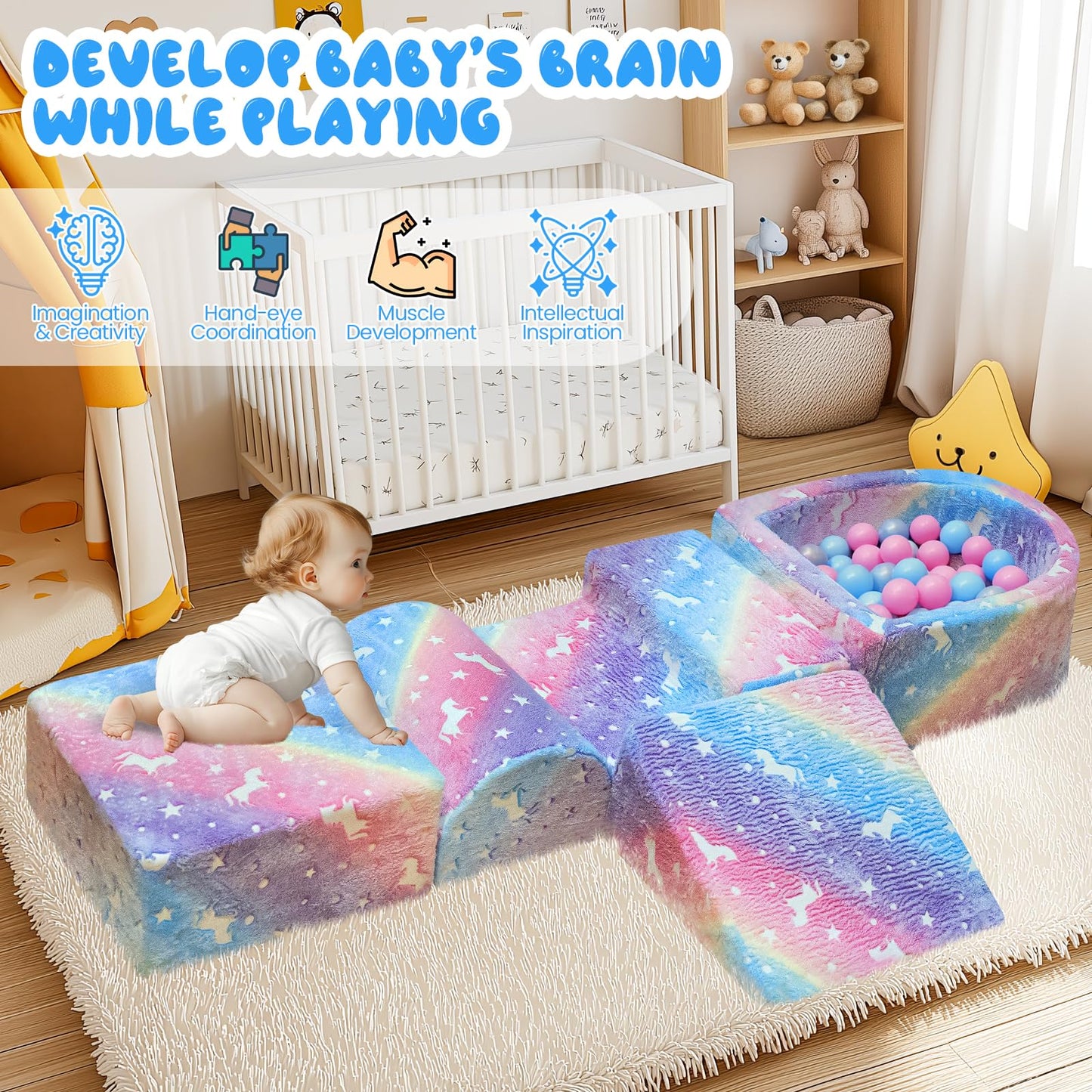 Lamerge Kids Couch, 5-in1 Modular Sectional Toddler Playing Sofa, Glow-in-The-Dark Convertible Foam Couch, Multi-Combination, Ages 1-6, Develop Hands-on Skills and Imagination (Color Unicorn, A)