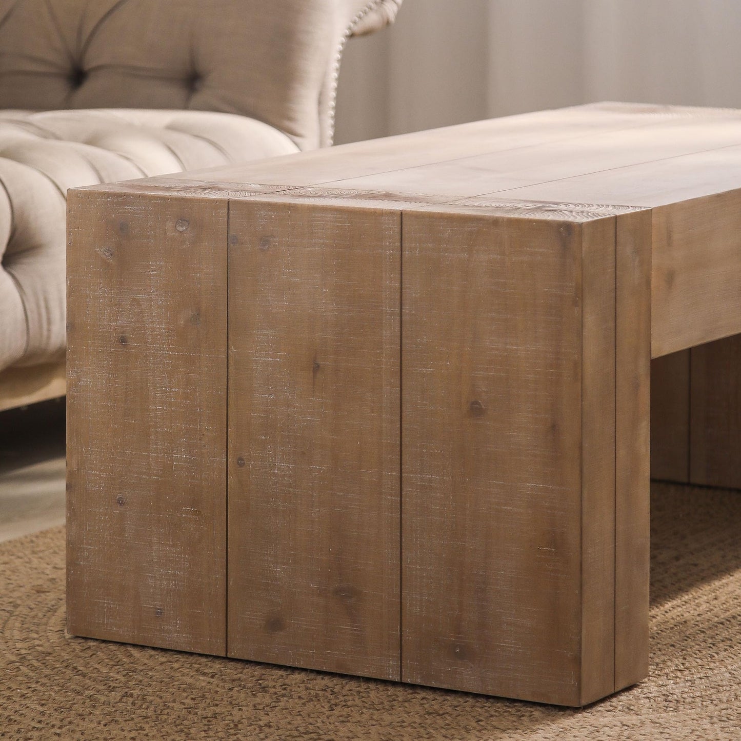KEIKI Modern Farmhouse Coffee Table, Natural Wood Living Room Tea Table with Thick Top Design, Natural