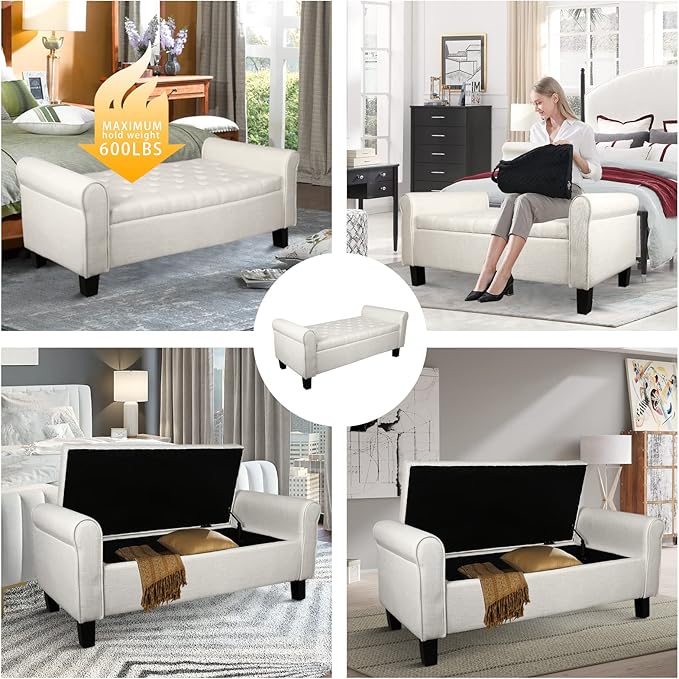 Babion Storage Bench for Bedroom End of Bed, Button Linen Fabric Storage Ottoman Bench 51 Inch, End of Bed Storage Bench with Upholstered, Rolled Arm Window Bench Seat with Solid Wood Legs, Beige