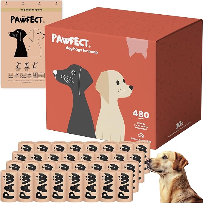 Pawfect Dog Poop Bags Rolls – Home Compostable Doggie Bags, Compostable Dog Waste Bags, BPI Certified Pet Waste Bags, Unscented, Large, Puppy Poo, Earth Friendly, Bolsas de Basura (480 Counts)