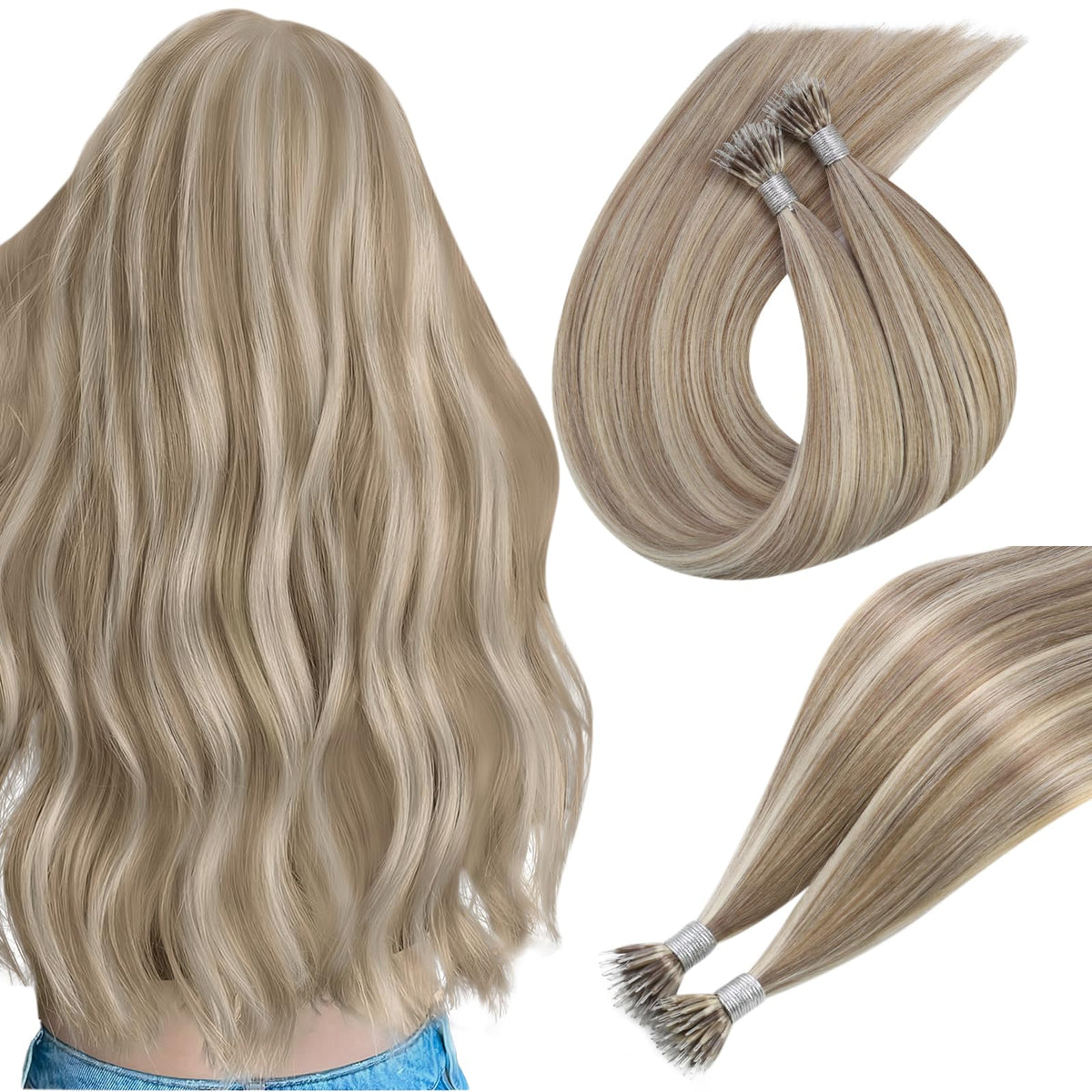 Easyouth Seamless Nanos Hair Extension Highlighted Nano Tip Hair Extensions Medium Blonde with Light Brown Nano Ring Hair Extens