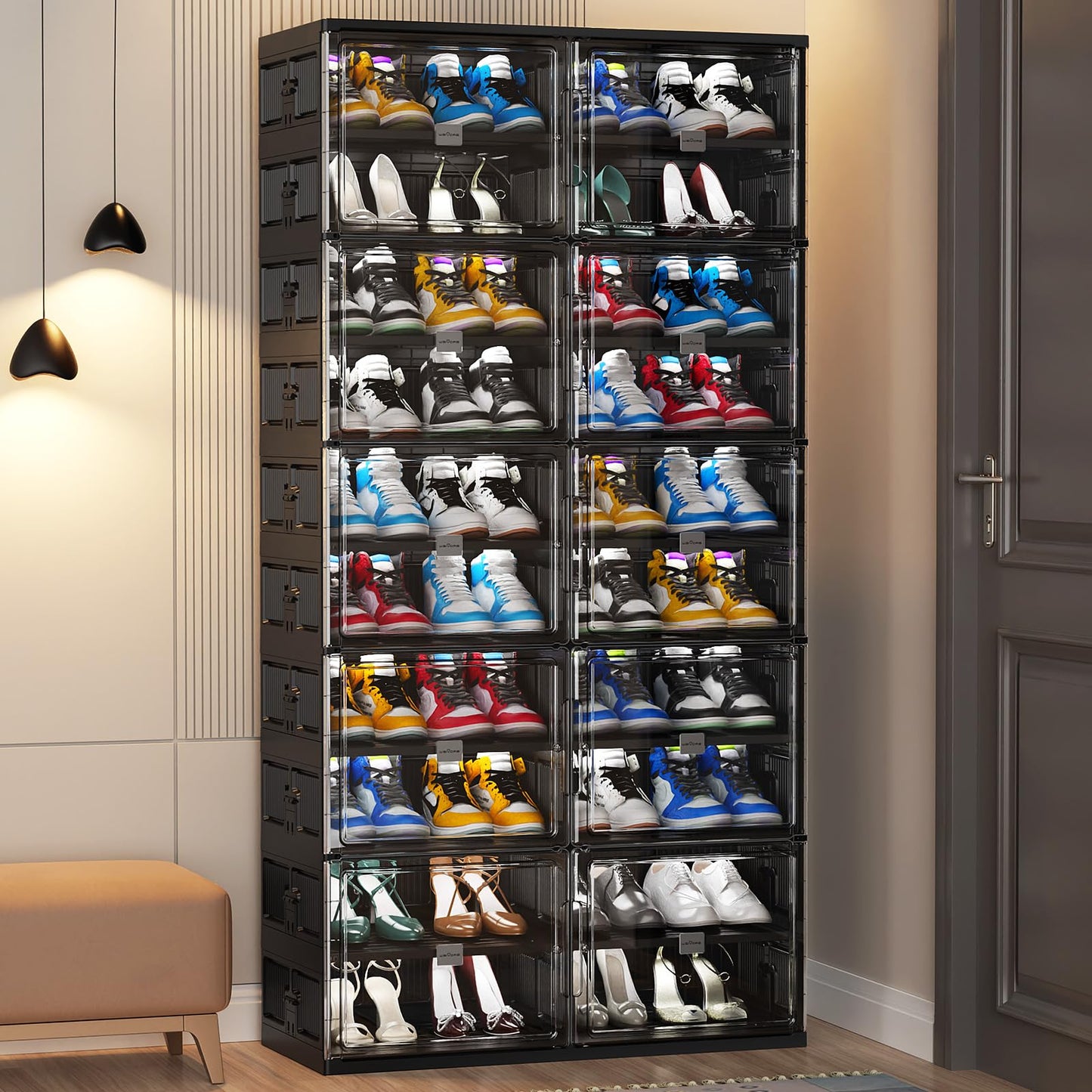BROVIEW 10 Tiers 40 Pairs Large Plastic Shoe Storage Organizer Cabinet for Entryway, Hard Stackable Collapsible Shoe Box Organizer for Closet, Portable Folding Shoe Rack with Doors, Black S9