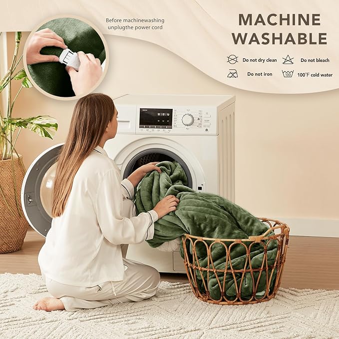 Homemate Electric Heated Blanket Twin - 62"x84" Heating Bed Blankets Throw with 10 Heating Levels 8 Hours Auto Off Fast Heating Over-Heated Protection Ultra Soft Warm Flannel ETL Certified Green