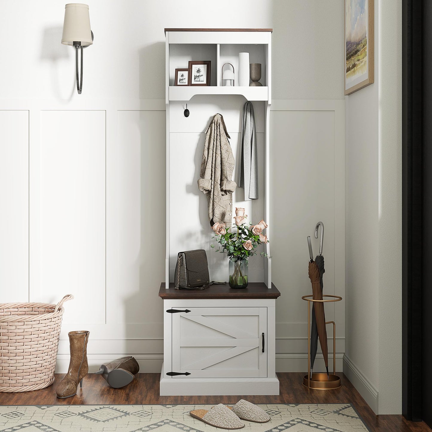 HOMCOM 3-in-1 Hall Tree with Shoe Storage, Standing Coat Rack with Shoe Bench, Entryway Furniture with Three Hooks, White Wood Grain