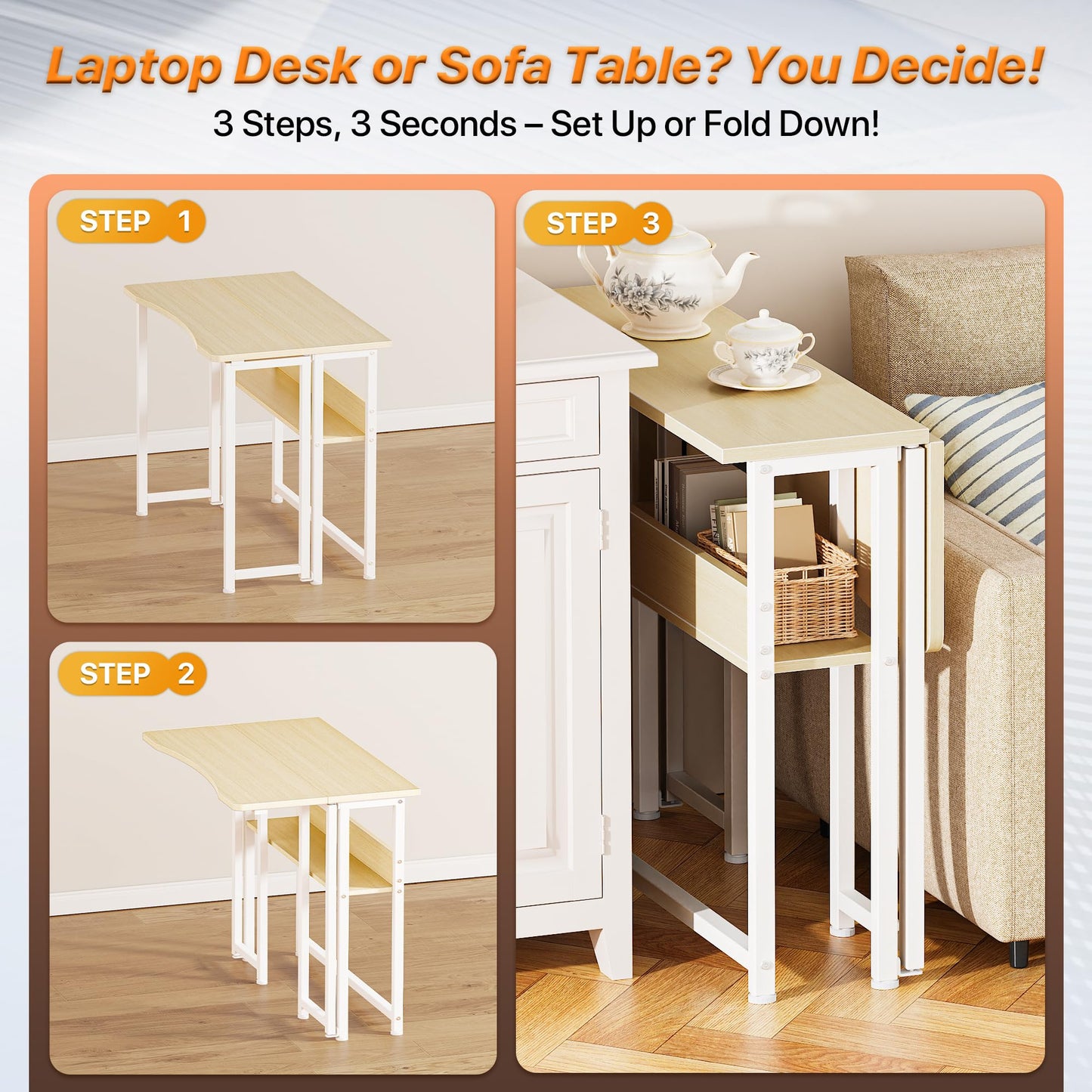Huuger Folding Desk with Storage Shelf, 31.5 Inch Foldable Computer Table for Small Spaces, Space Saving Sofa Table for Couch, Writing Work Office Computer Desk, Easy to Fold, Oak