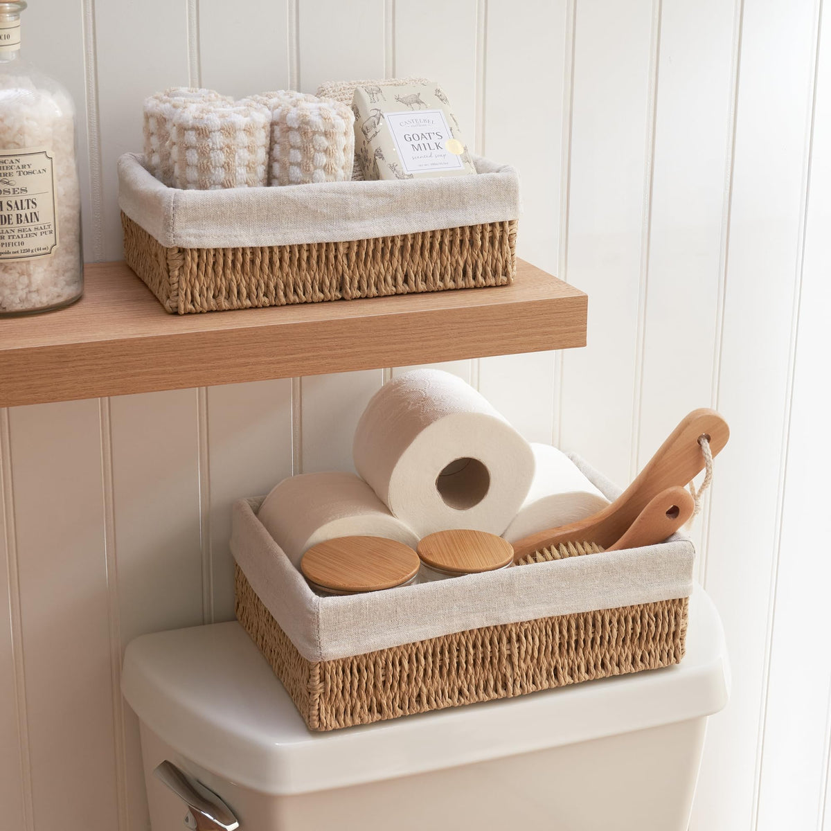 KIBAGA Beautiful Toilet Paper Storage Basket Set of 2 – Decorative Wicker Bathroom Organizer for Toilet Tank Trays - Quality Holder Bin For Shelves Fits Perfectly With Any Bathroom Decor