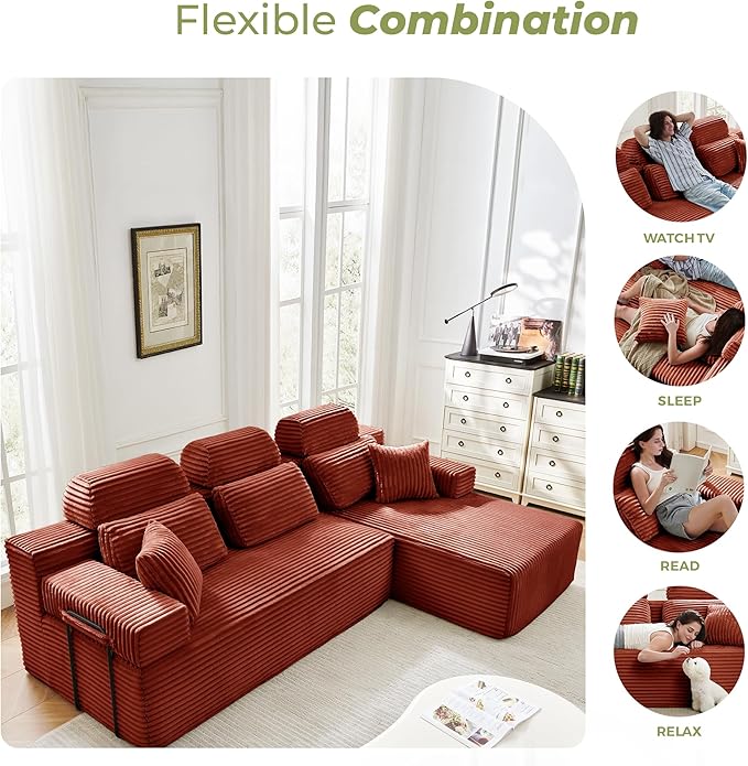 104" L-Shaped Cloud Modular Sectional Sofa with Chaise & Headrest, Boneless Deep Seat Plush Corduroy Couches for Large Living Room, No Assembly Required (Orange, 104" L-shapred Chaise)
