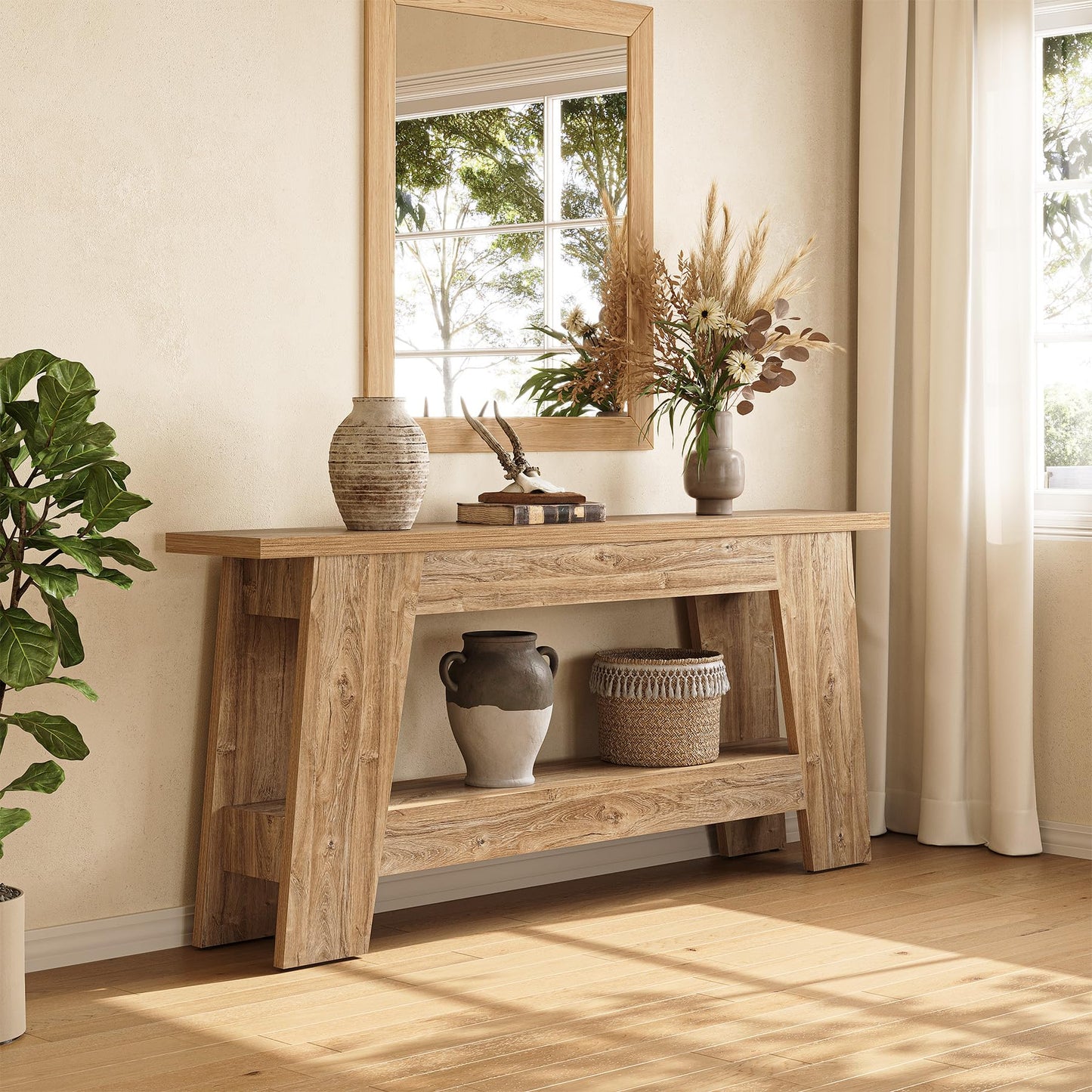 LITTLE TREE 70.9 Inches Extra Long Console Table, 2-Tier All-Wooden Rectangular Sofa Table for Behind Couch, Farmhouse Entryway Table for Hallway, Living Room, Natural Finish with Trapezoidal Design