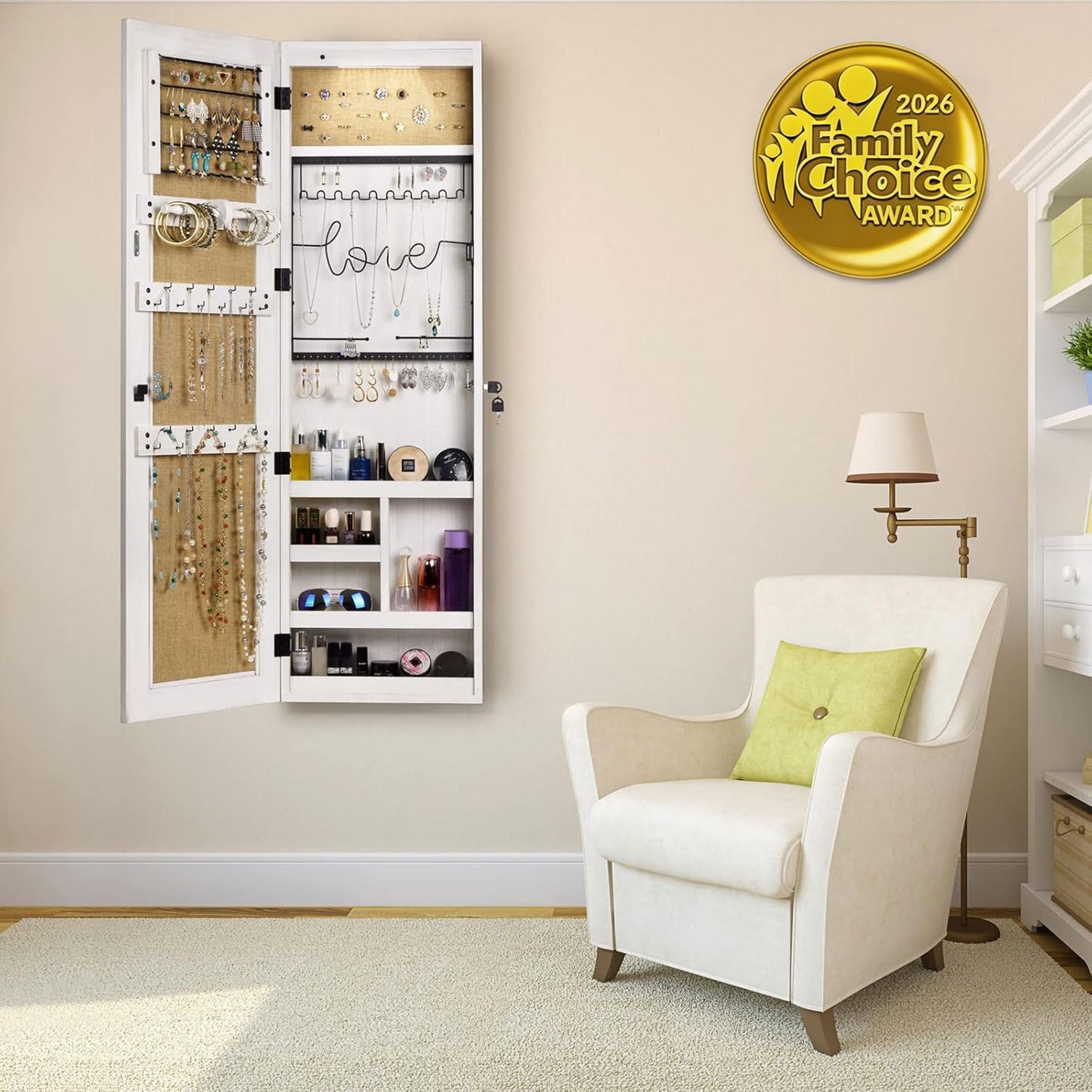 SRIWATANA Jewelry Armoire Cabinet, Solid Wood Jewelry Organizer with Full Length Mirror Wall/Door Mounted(Washed White)