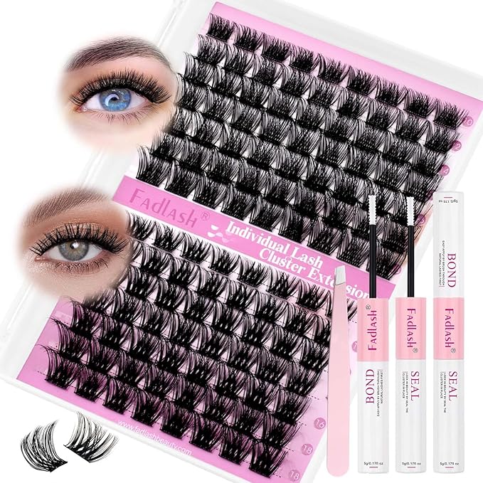 FADLASH Lash Extension Kit Lash Clusters Kit 10-18mm Eyelash Cluster Lashes with Lash Bond and Seal Lash Tweezers DIY at Home (KLS52+ZW03-07D-10-18 Kit)