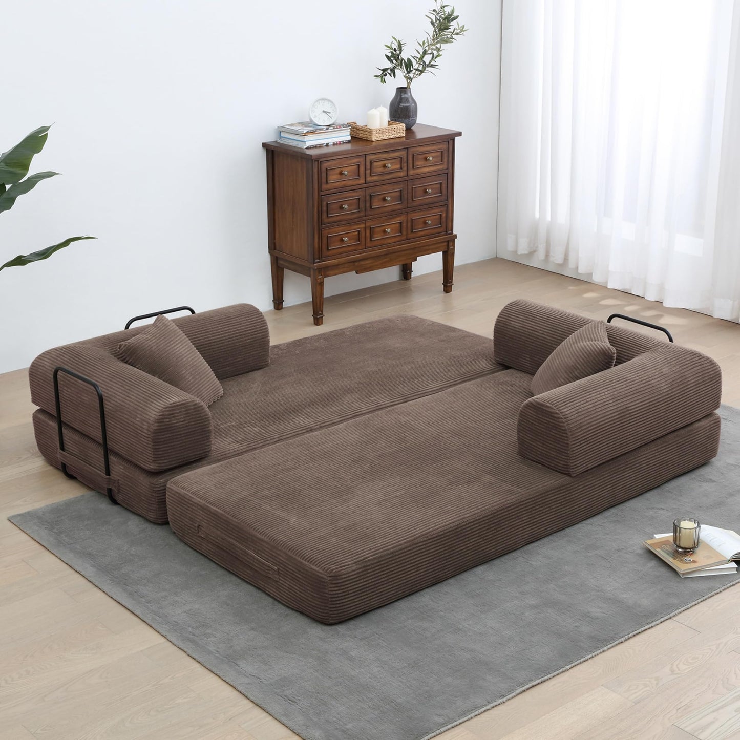 ZEIINPA Convertible Folding Mattress Couch, Comfy Corduroy Sleeper Floor Sofa Bed with Fixed-Shape Frame, Floor Sofa with Armrest, Lounge Couch for Living Room Bedroom Lounge Studio,Brown