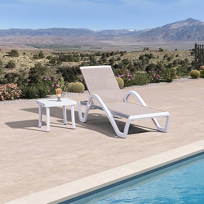 PURPLE LEAF Patio Chaise Lounge Chair Set Outside Aluminum Plastic Stackable Tanning Chairs with Armrests and Side Table for Pool Sunbathing Beach Deck Outdoor Lounger, Khaki