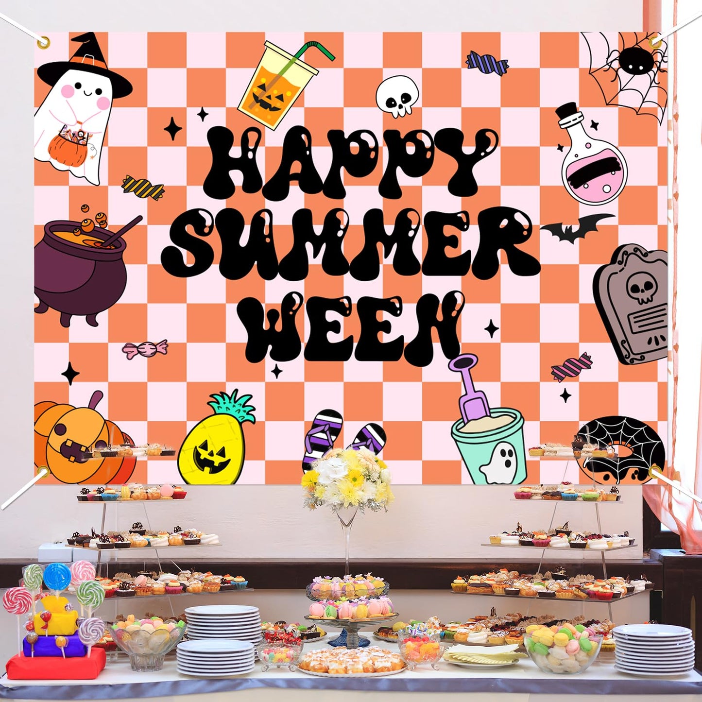 Summerween Backdrop Banner - Happy Summerween Decorations, Halloween in Summer, Summer Halloween Party Decorations Boy Girl Women Photoshoot Photo Background Props, 7 * 5ft