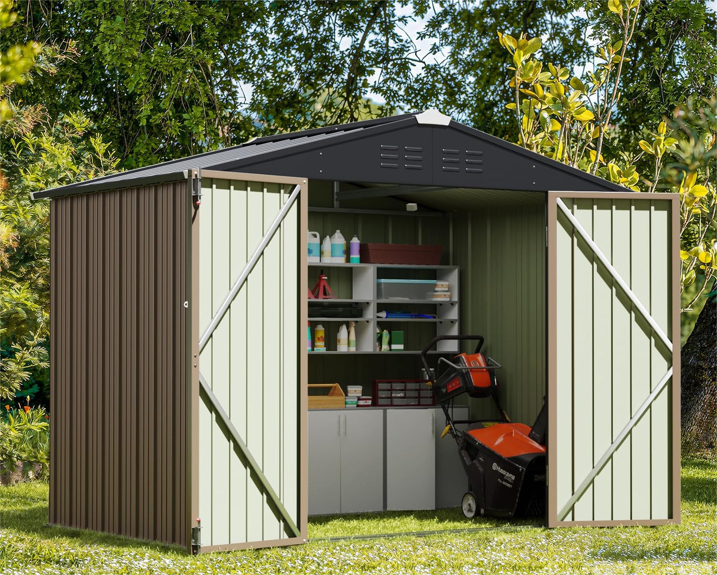 Greesum 8x6FT Outdoor Storage Shed, Utility Tool Shed with Sloping Roof, Metal Storaged Garden Shed with Door & Lock for Patio Storage, Light Brown