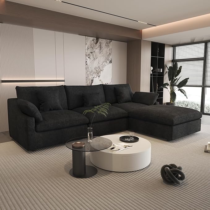 Cloud Modular Sectional Sofa Couch for Livingroom,119inch Down Filled L Shaped Couch with Wide Seat,Convertible Sectional Sofa with Ottoman,Covers Washable&Replaceable,Black