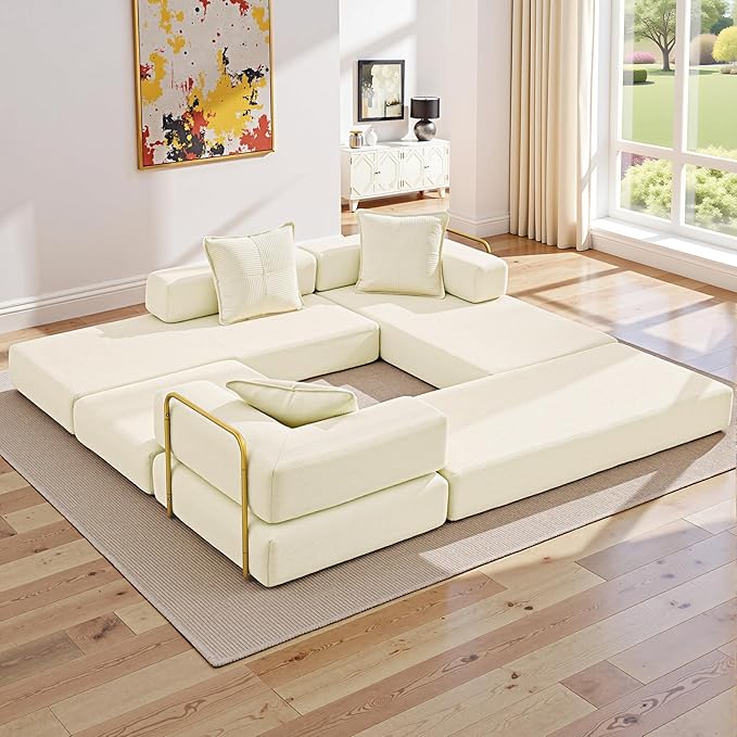 108" Oversized Convertible Sleeper Sofa Bed, Corduroy L Shape Sectional Couch, Folding Sofa Bed with Fixed-Shape Frame, Modern Cloud Floor Mattress Couch, Modular Sofa for Living Room, Beige