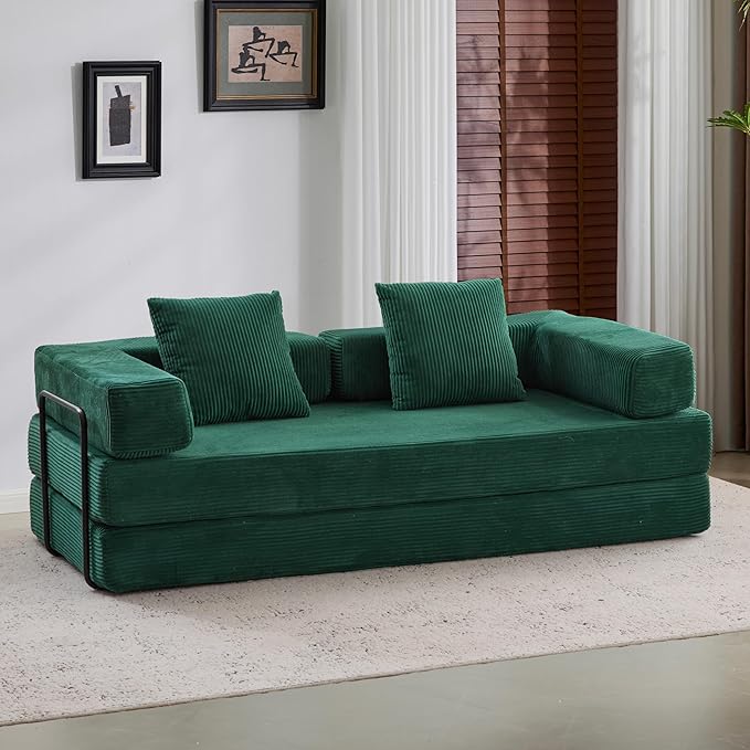 Convertible Couch Sofa Bed Foldable Floor Sleeper | Modern Fold Out Couch | Removable Backrest & Armrests | No Assembly Compression Sofa Sleeper for Living Room, Bedroom | Corduroy Fabric Green