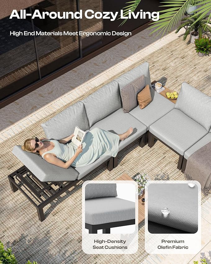 Oasbira Aluminum Outdoor Patio Sofa Set, 2 Seats Modular Sectional Reclining Loveseat Sofa with Adjustable Backrest & Removable Cushions, All-Weather Conversation Sets for Garden & Yard, Gray