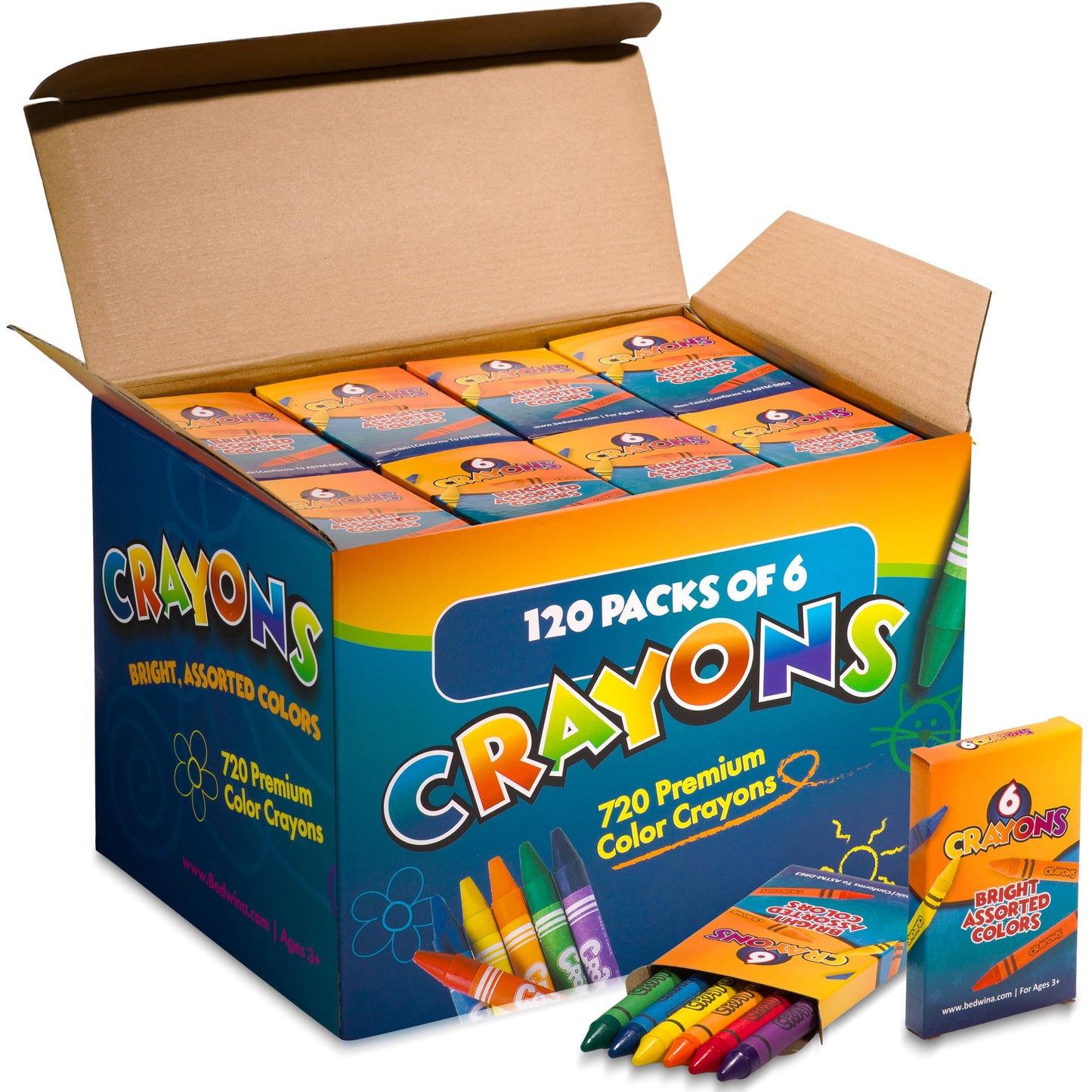 Bedwina Bulk Crayons - Case of 120, 6-Packs Total 720 Crayons Bulk School Supplies for Kids, Toddlers, Teachers, Restaurants & Classrooms, Nontoxic Travel, Party Favors, Goody Bags, Stocking Stuffers