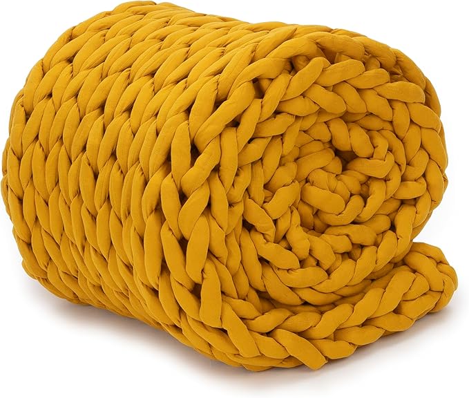 Nuzzie Chunky Knit Weighted Blanket - Breathable, Cooling, Hand Made Knit Throw Blanket for Sleep - Machine Washable, Stylish Design (Marigold, Full | 16lbs | 48"x72")