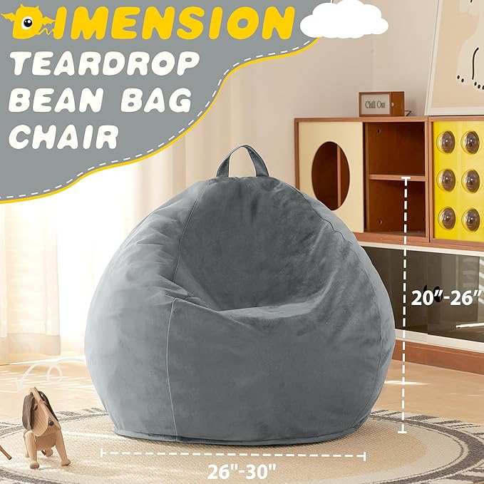 HABUTWAY 2FT Bean Bag Chair, 2' Beanbags Small Bean Bag Chairs with Filling, Teardrop Bean Bag Chair Luxurious Velvet Ultra Soft Fur with Removable Cover(Light Grey)