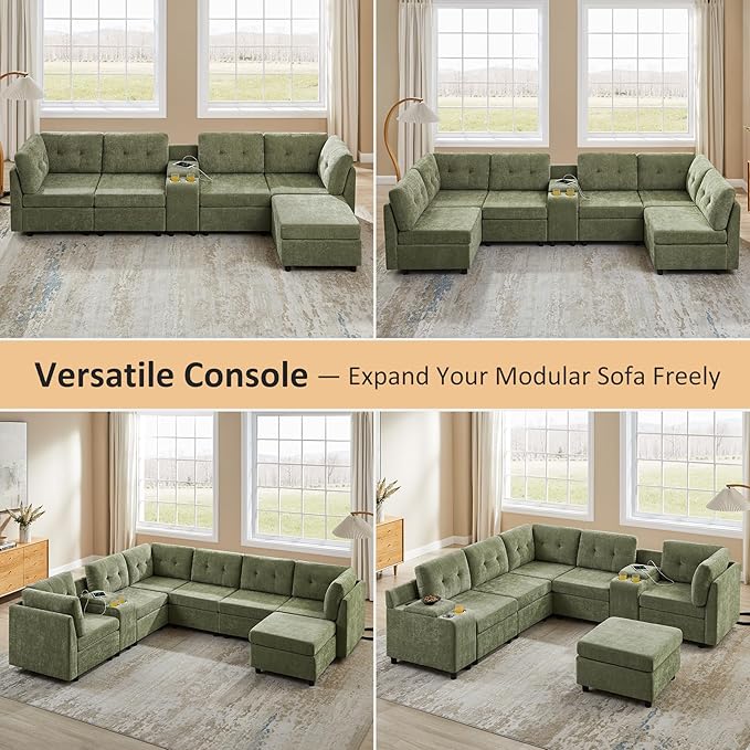VANOMi 5 Seater Cloud Couches for Living Room with Ottoman, Convertible Modular Sectional Sofa Bed, Chenille Cloud Sofas & Couches for Apartment, Office, Green, Sofa Bed