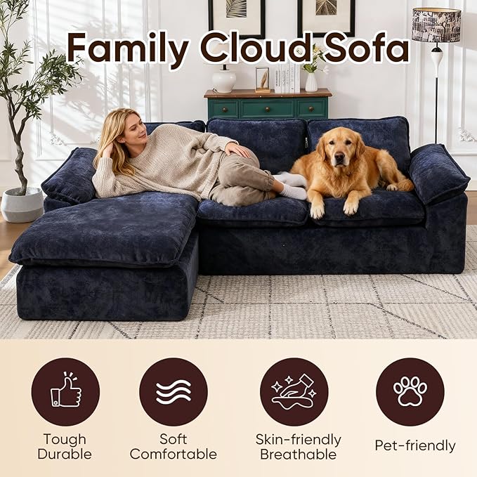 YAAREE 105.6”L Shape Modular Sectional Couch for Living Room, Modern Cloud Sectional 3 Seat Sofa with Oversized Chaise, Woven Texture Upholstery Boneless Couch (Blue, Left Facing Chaise)