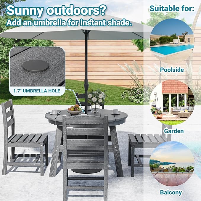 PamapicLife 5 Piece Round Outdoor Dining Set, Relaxing HDPE Outdoor Table and Chairs with 105° Ergonomic Backrest, All-Weather Patio Table and Chairs Set with Umbrella Hole for Porch, Poolside, Gray