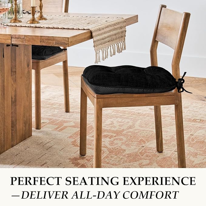 HARBOREST Chair Cushions for Dining Chairs Set of 4 - Chenille Tufted Kitchen Chair Cushions with Ties and Non-Slip Bottom, Foam Chair Pads for Dining Chairs, 17" x 17", Black