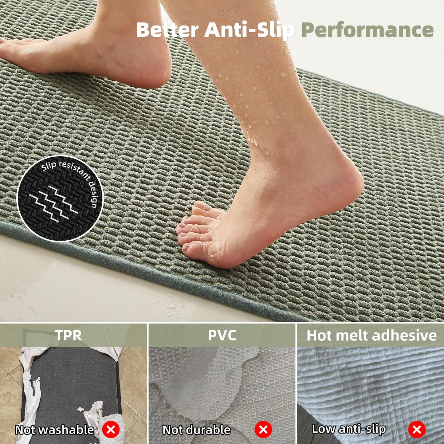 Bathroom Rugs Non Slip Washable, Super Absorbent Thin Bath Mat Small Quick Dry Low Pile Bathroom Rug, Sage Green 16"x24"