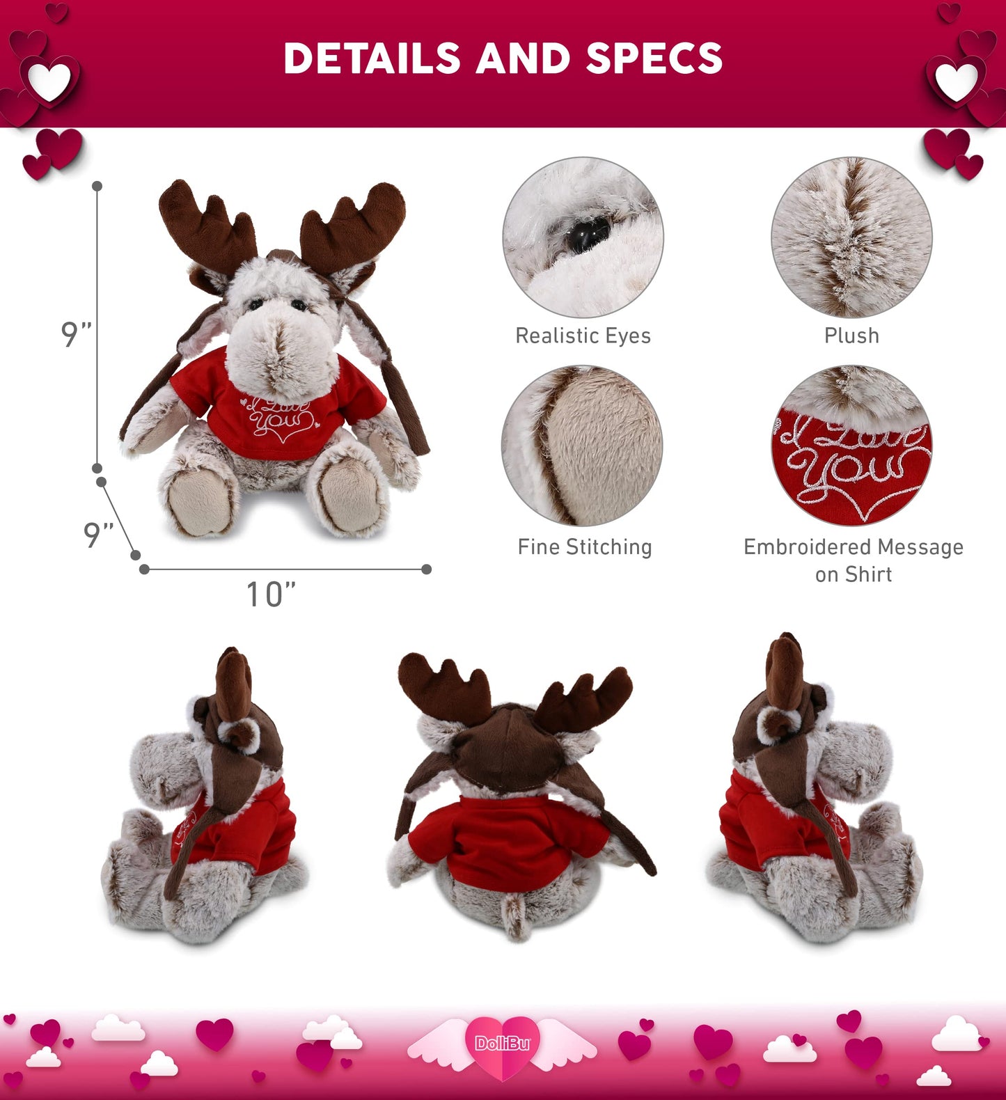 DolliBu I Love You Valentine Plush Moose with Clothes - Cute Stuffed Animal with Red Shirt and Name Personalization Gift for Valentines Day, Birthday, Anniversary, Romantic Date - 9 Inches